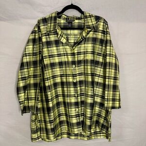 VTG Karen Arnold Sz 3X Chartreuse 100% Silk Taffeta Jacket Plaid Top Plus Size‎